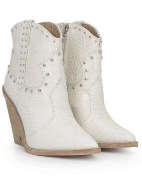 Sam Edelman White Croc-Embossed Western Ankle Boots with Silver Studs